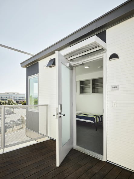 The San Mateo County Step(1) interim supportive housing system includes sleeping units with decks.
