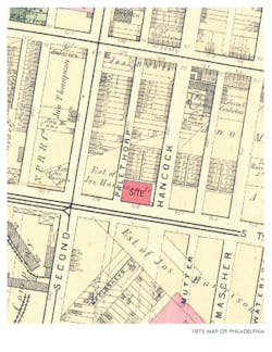 Historic 1875 map of the neighborhood with site location from the Greater Philadelphia Geohistory Network.