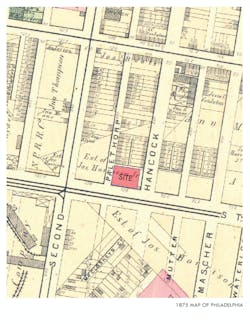 Historic 1875 map of the neighborhood with site location from the Greater Philadelphia Geohistory Network. Historic 1875 map of the neighborhood with site location from the Greater Philadelphia Geohistory Network.