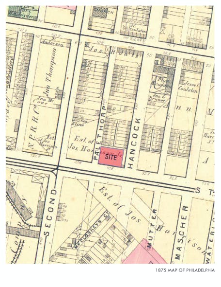 Historic 1875 map of the neighborhood with site location from the Greater Philadelphia Geohistory Network.