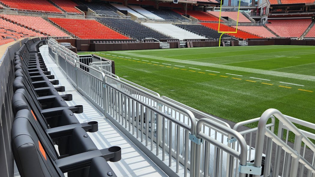 The Cleveland Browns stadium features new sideline seating in the North Coast Harbor District.
