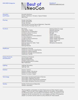 A list of the 2024 Best of NeoCon categories. Submissions are now open through May. A list of the 2024 Best of NeoCon categories. Submissions are now open through May.