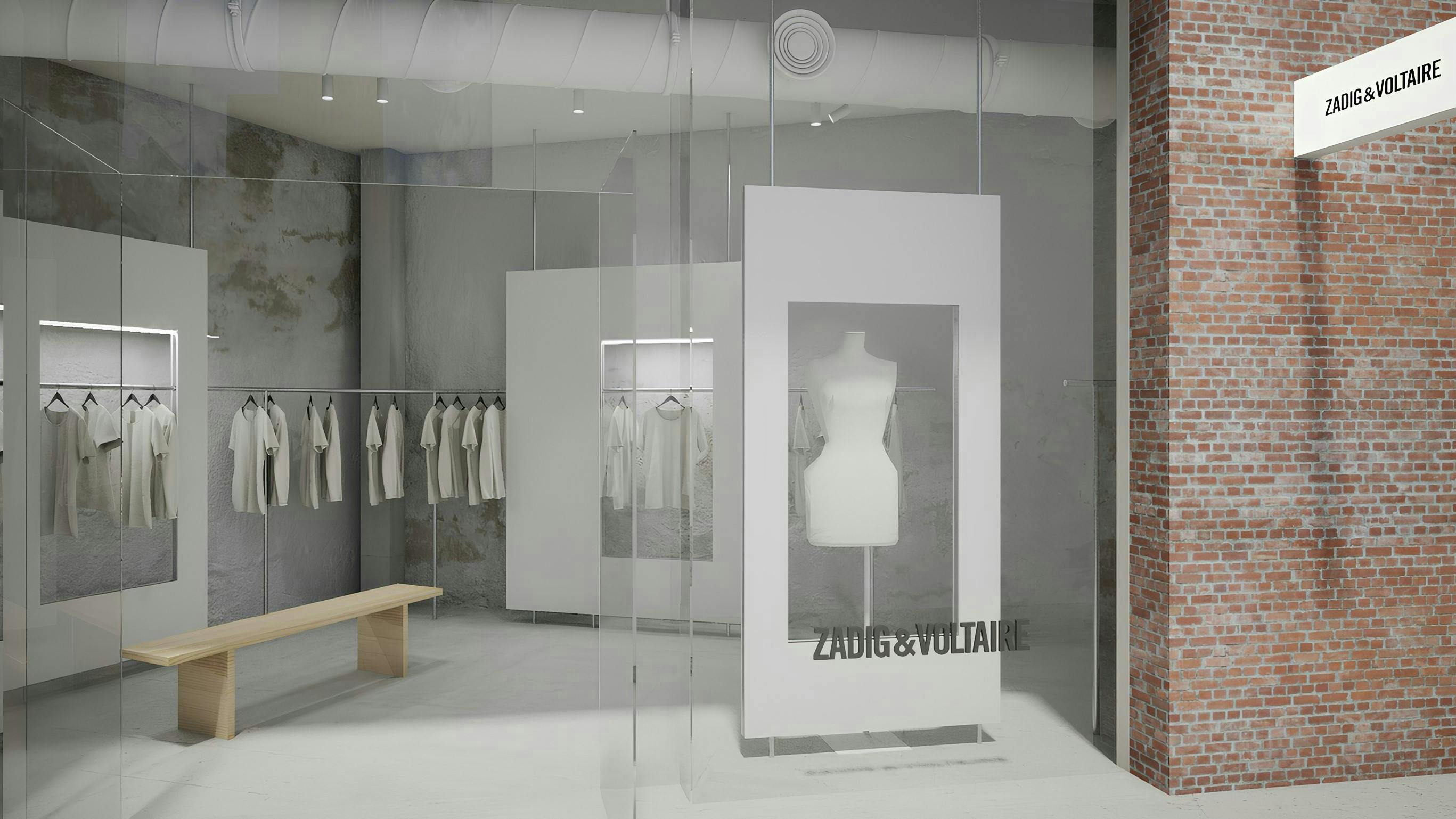 dang tangoed with a challenging shape and layout for the Zadig and Voltaire TriBeCa space, which the team addressed by implementing elements such as oversized fixtures and directional spotlights to help get noticed by a very busy intersection outside.