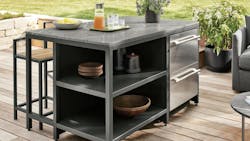 The Parsons outdoor counter table with stools and fridge by Room&Board. The Parsons outdoor counter table with stools and fridge by Room&Board.