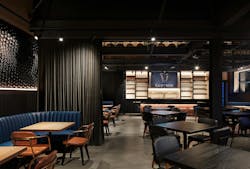 The restaurant is dark and broody, with yet another artful reference to those iconic micro bubbles. The restaurant is dark and broody, with yet another artful reference to those iconic micro bubbles.