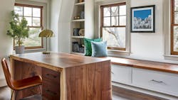 Custom walnut live edge desk with waterfall legs in this Old House for the Cape Ann Project.
