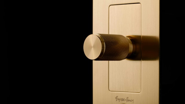 Buster+Punch New Dimmer Switch combined with the hyper tactile solid metal knurled dimmer knob in brass.