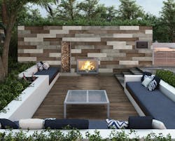 Why Tile's outdoor fireplace space displays the application of ceramic tile. Ceramic tile has the lowest environmental impact of popular flooring types, without sacrificing style or functionality. Why Tile's outdoor fireplace space displays the application of ceramic tile. Ceramic tile has the lowest environmental impact of popular flooring types, without sacrificing style or functionality.
