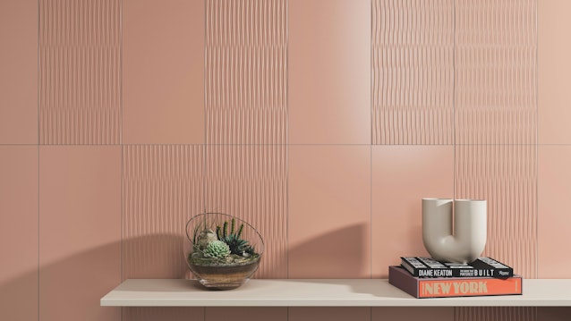 Crossville Coral ceramic wall tile in pearlescent flat and 3D finishes.