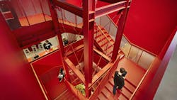KRAFTON&rsquo;s PUBG STUDIOS&rsquo; headquarters in Seoul, Korea is anchored by a red staircase. Architecture firm Kinzo found inspiration from Battlegrounds airdrop for the staircase.