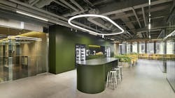 The second floor features pill-shaped green coffee counters and built-in refrigerators stocked with drinks for employees to recharge and encounter fellow game designers. The green color is inspired by the forested landscapes in PUBG. The second floor features pill-shaped green coffee counters and built-in refrigerators stocked with drinks for employees to recharge and encounter fellow game designers. The green color is inspired by the forested landscapes in PUBG.