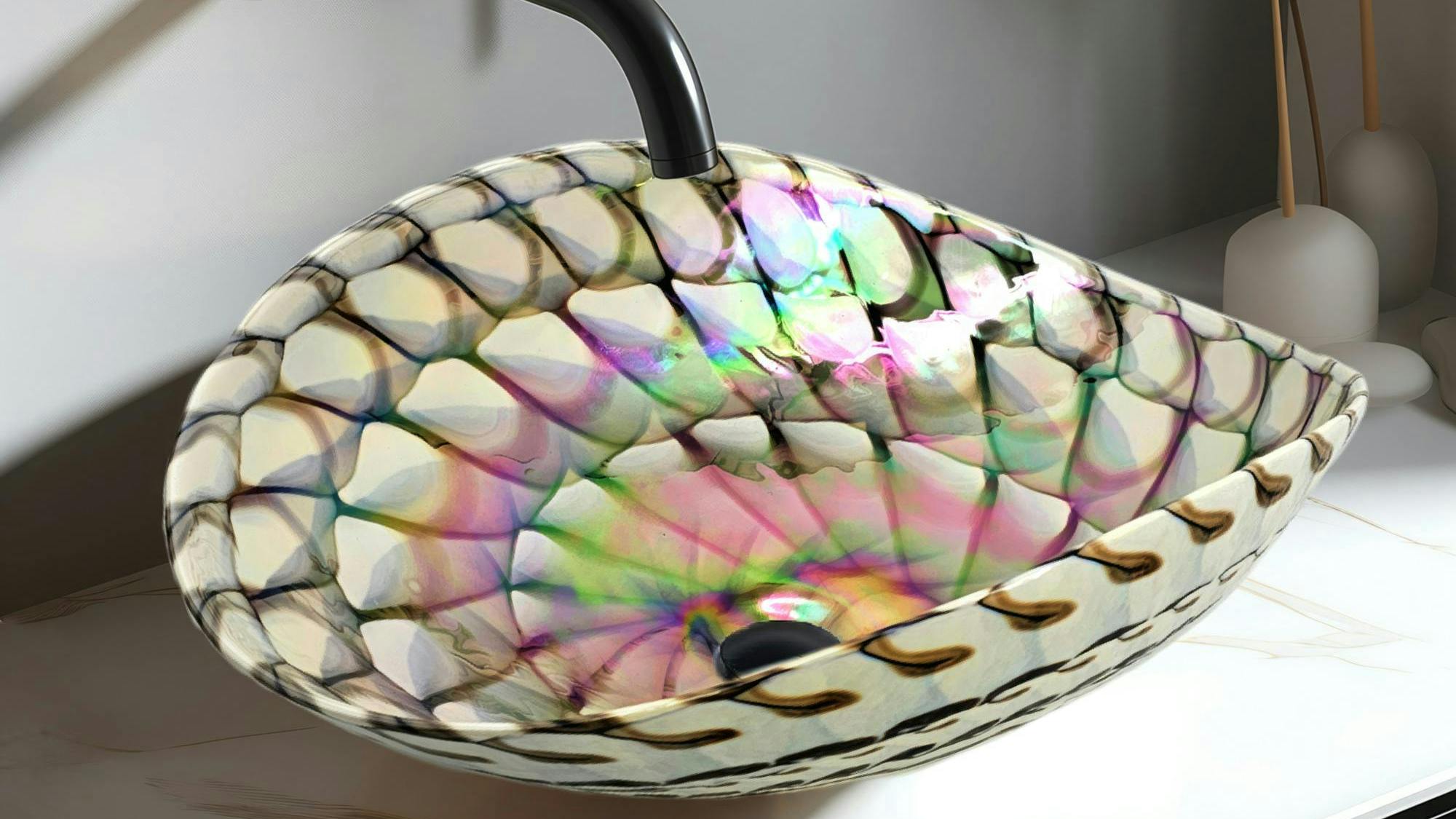 Ruvati's 19-inch Murano glass art vessel seashell bathroom sink in Nautilus Brown.