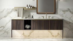 The Contemporary Vanity features a quartz countertop with an integrated sink and slot drain.