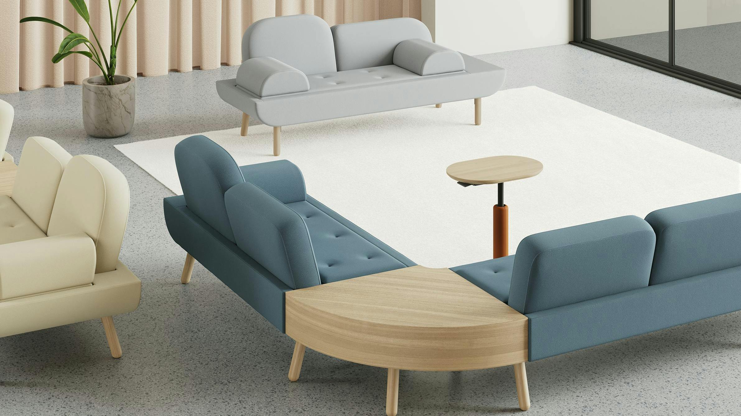 Hightower Studio's Toward seating collection features a modular sofa, shown in blue.