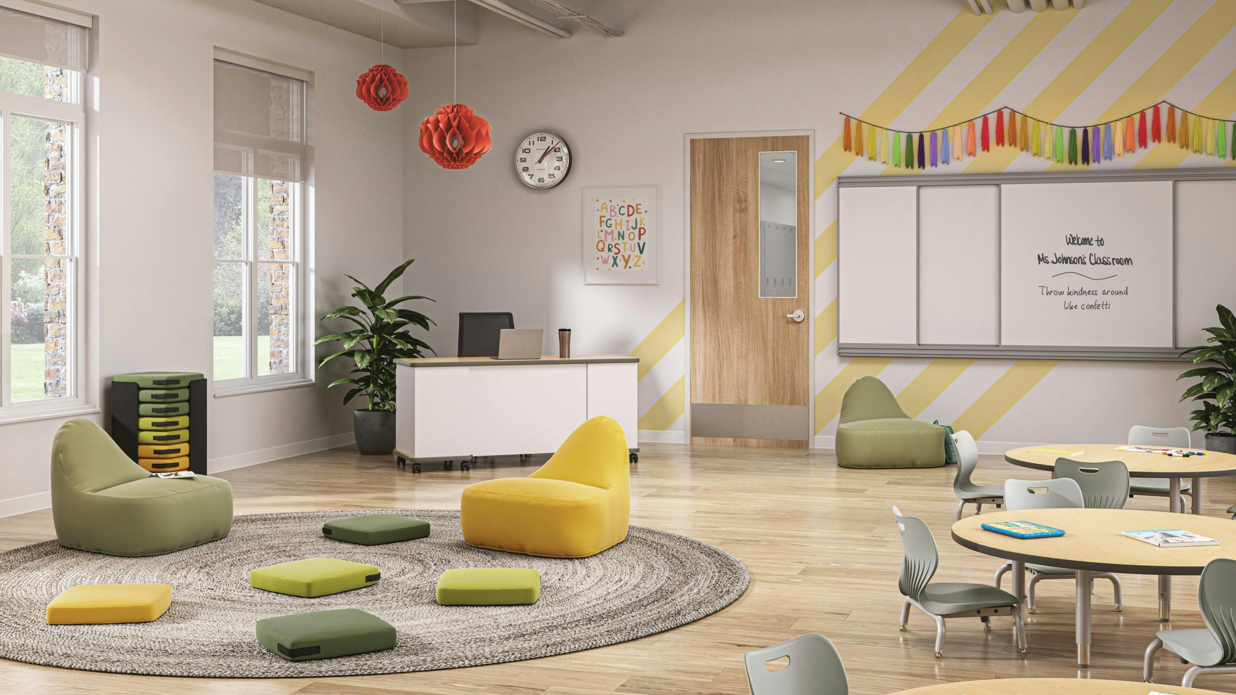 The HON Confetti collection feature a colorful Floor Lounge and Floor Cushion.