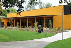 The covered outdoor terrace extends the Red Oak Community Room outside. With seating and a walking trail that travels along the Sammamish River, visitors can enjoy nature and look at art sculptures reused from the previous senior center. The covered outdoor terrace extends the Red Oak Community Room outside. With seating and a walking trail that travels along the Sammamish River, visitors can enjoy nature and look at art sculptures reused from the previous senior center.