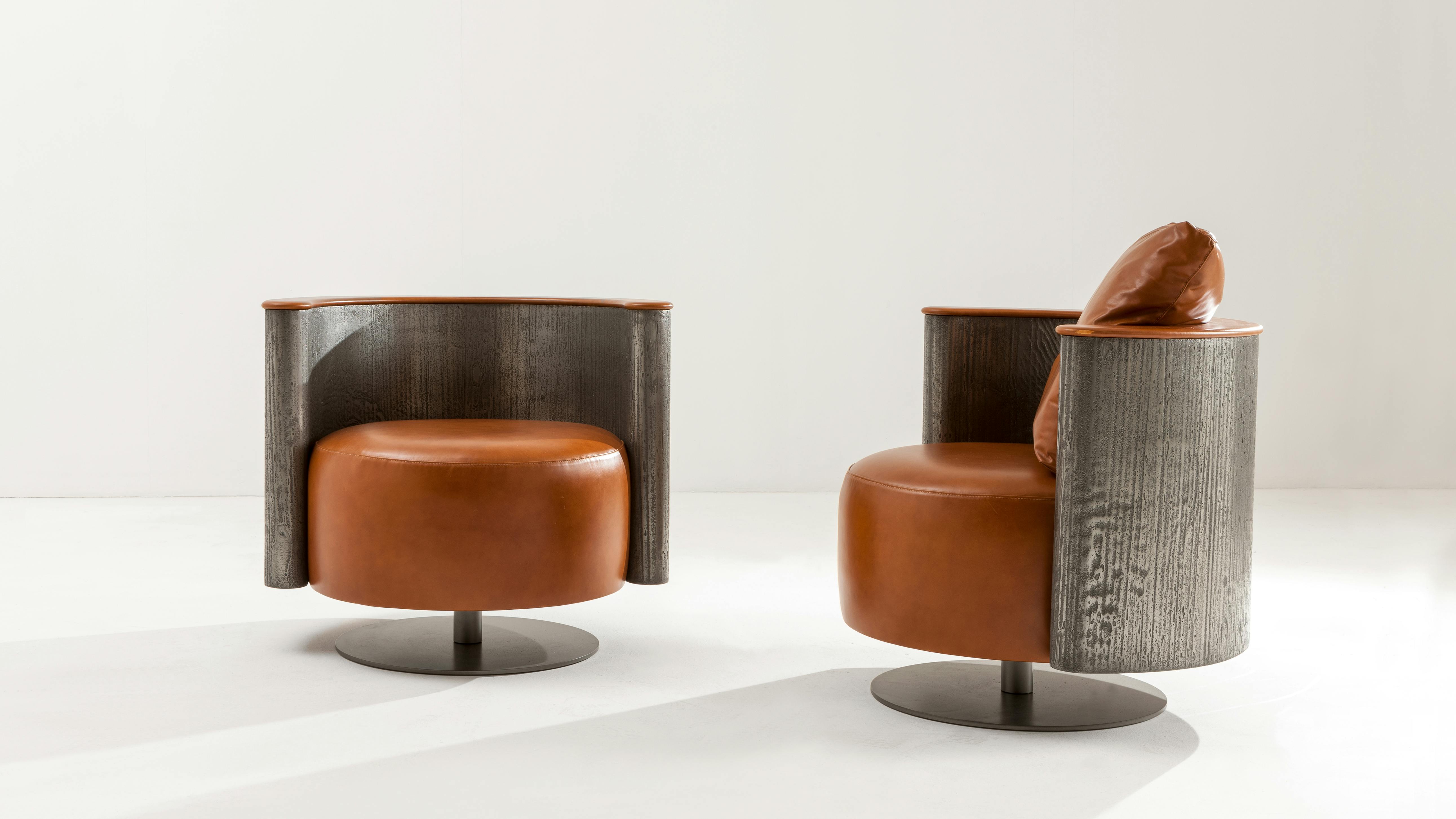 Amelie Armchair with shell in Liquid Metal tin, Raptor texture. Seat, insert and cushion in custom Elegant 2404 leather.