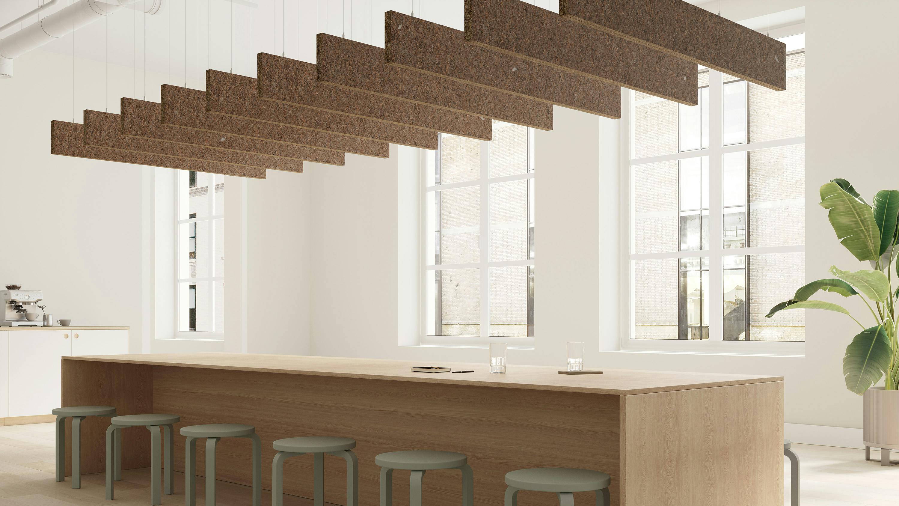 S&oslash;uld Eelgrass Acoustic Baffles can be suspended via cable or rod.