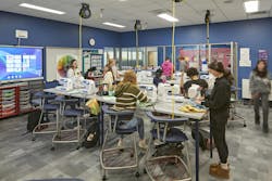 Students enrolled in sewing at New Fairfield High School have access to integrated power with retractable cables to allow teachers flexible classroom designs. Students enrolled in sewing at New Fairfield High School have access to integrated power with retractable cables to allow teachers flexible classroom designs.
