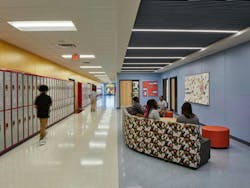 Corridors at separate schools are repeated from the design template and offer welcoming study nooks. Corridors at separate schools are repeated from the design template and offer welcoming study nooks.