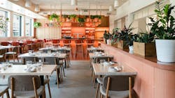 RODE's design team modernized a local neighborhood eatery with color blocking in terracotta, cream, and blue to echo the vibrant Italian dining experience at Gufo Restaurant. RODE's design team modernized a local neighborhood eatery with color blocking in terracotta, cream, and blue to echo the vibrant Italian dining experience at Gufo Restaurant.