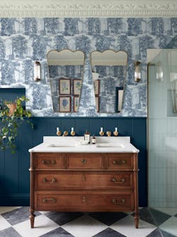 Rivington Folly “Firework” wallpaper is an elegant accent alongside the brand’s moody blue Firework paint. Rivington Folly “Firework” wallpaper is an elegant accent alongside the brand’s moody blue Firework paint.