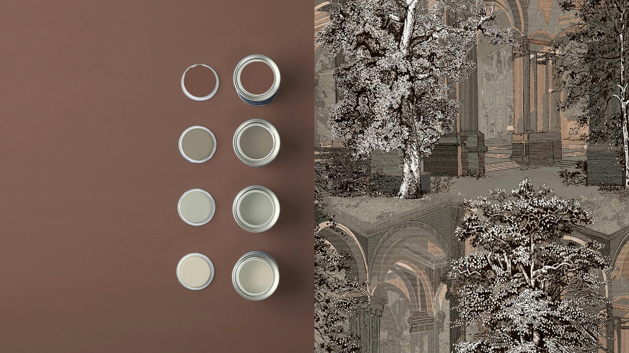 Graham & Brown&rsquo;s Rivington Folly &ldquo;Dusk&rdquo; wallpaper with Elderton, Warm Baguette, Gowns & Crowns, and Blanc paints.