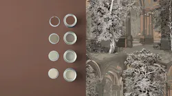 Graham & Brown’s Rivington Folly “Dusk” wallpaper with Elderton, Warm Baguette, Gowns & Crowns, and Blanc paints.