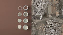 Graham & Brown’s Rivington Folly “Dusk” wallpaper with Elderton, Warm Baguette, Gowns & Crowns, and Blanc paints. Graham & Brown’s Rivington Folly “Dusk” wallpaper with Elderton, Warm Baguette, Gowns & Crowns, and Blanc paints.