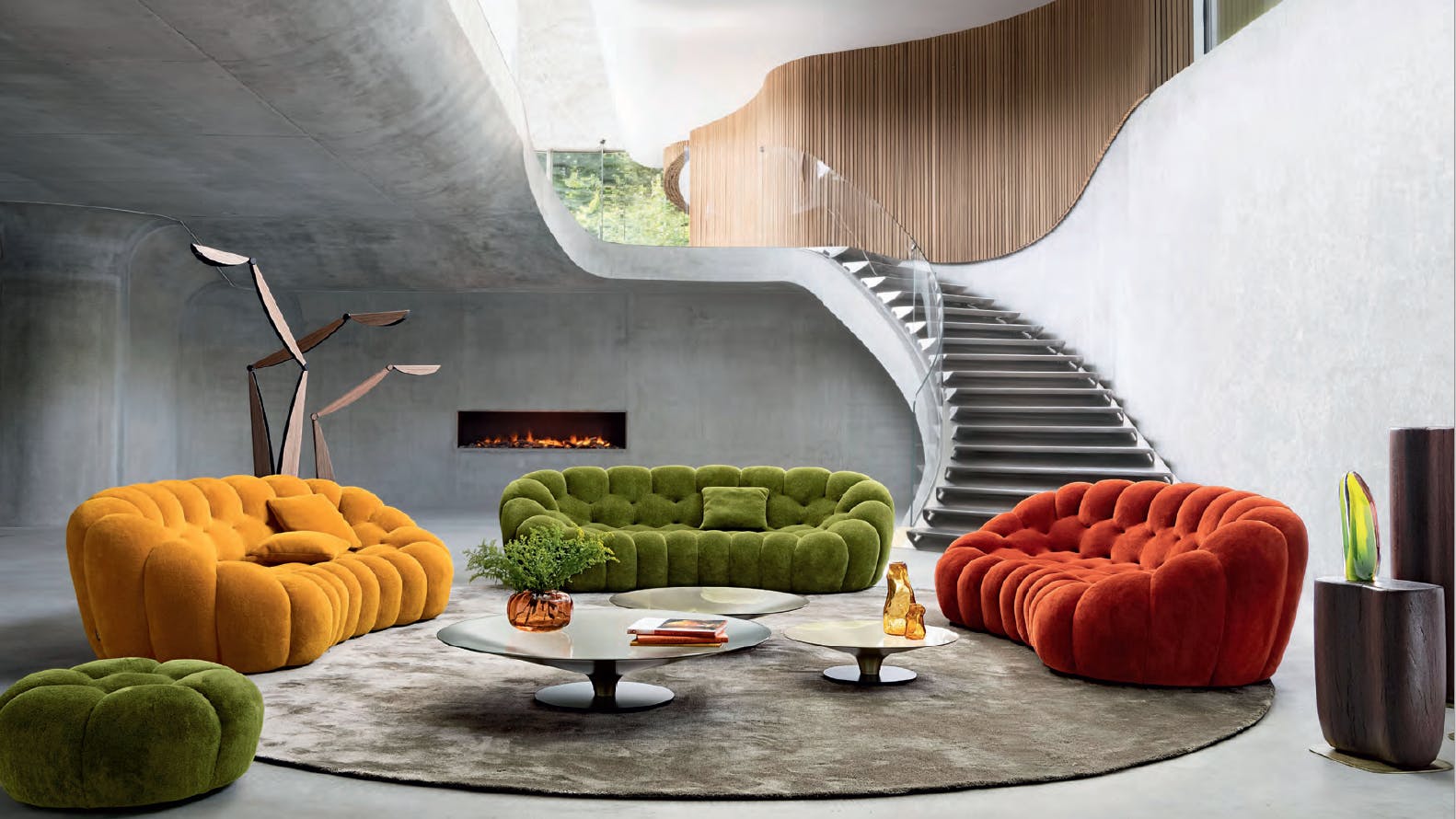 Bubble Curved 3/4-seat sofa in Ocre, Olive and Terracotta.