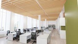 Decoustics Impressions ceiling and wall system offers sound suppression and nature-inspired aesthetics in panel and baffle configurations; other customizations upon request. Decoustics Impressions ceiling and wall system offers sound suppression and nature-inspired aesthetics in panel and baffle configurations; other customizations upon request.