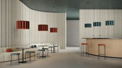 Luxxbox's Kurtain acoustic pendant suspended over a bar and lounge seating. Luxxbox's Kurtain acoustic pendant suspended over a bar and lounge seating.