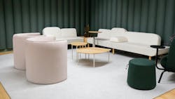 Vignette in new Nomad Collab showroom in NYC featuring soft lounge seating, carpet, and acoustical walls. Vignette in new Nomad Collab showroom in NYC featuring soft lounge seating, carpet, and acoustical walls.