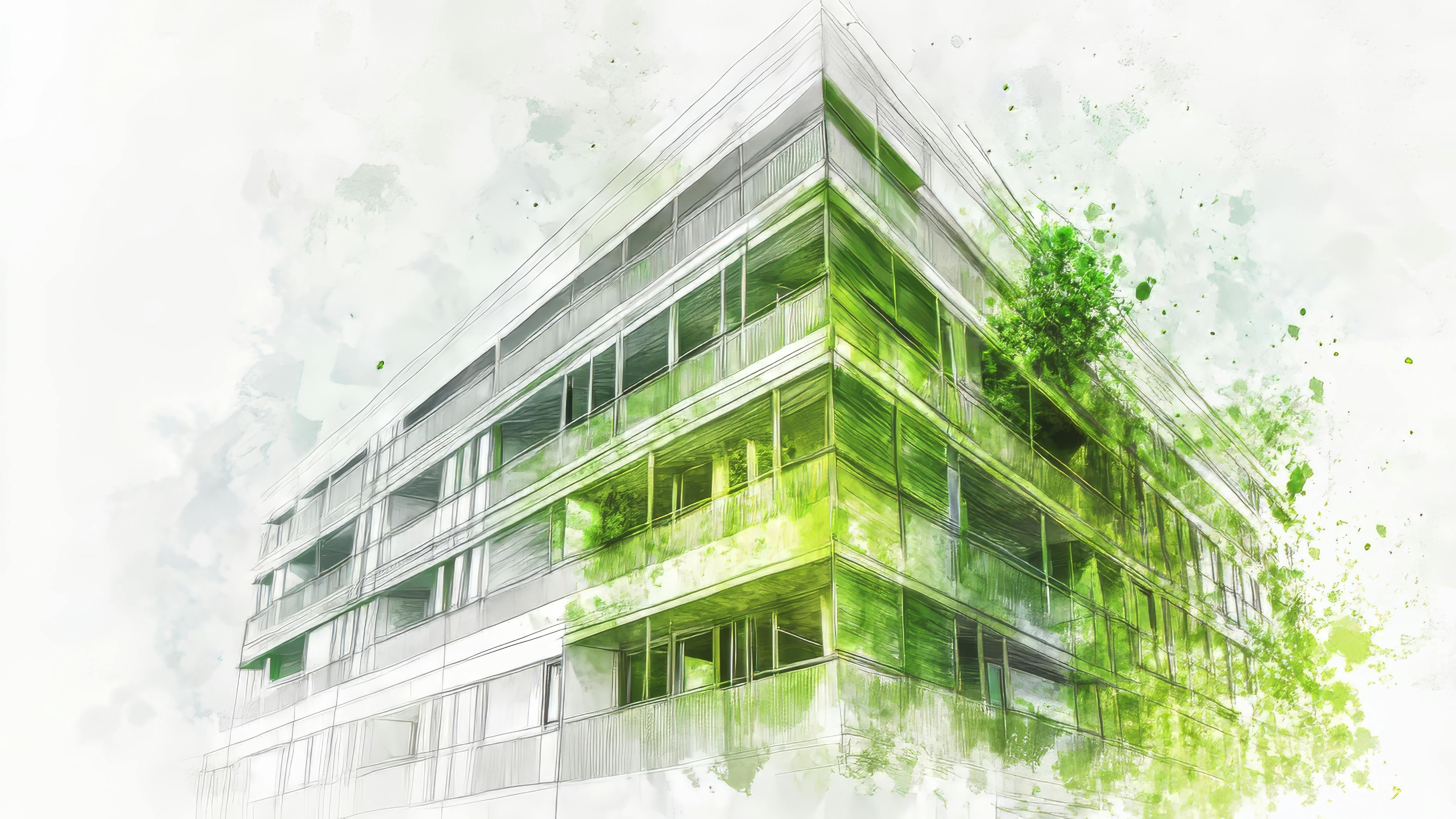AI-generated conceptual drawing of building exterior with green plants and shading.