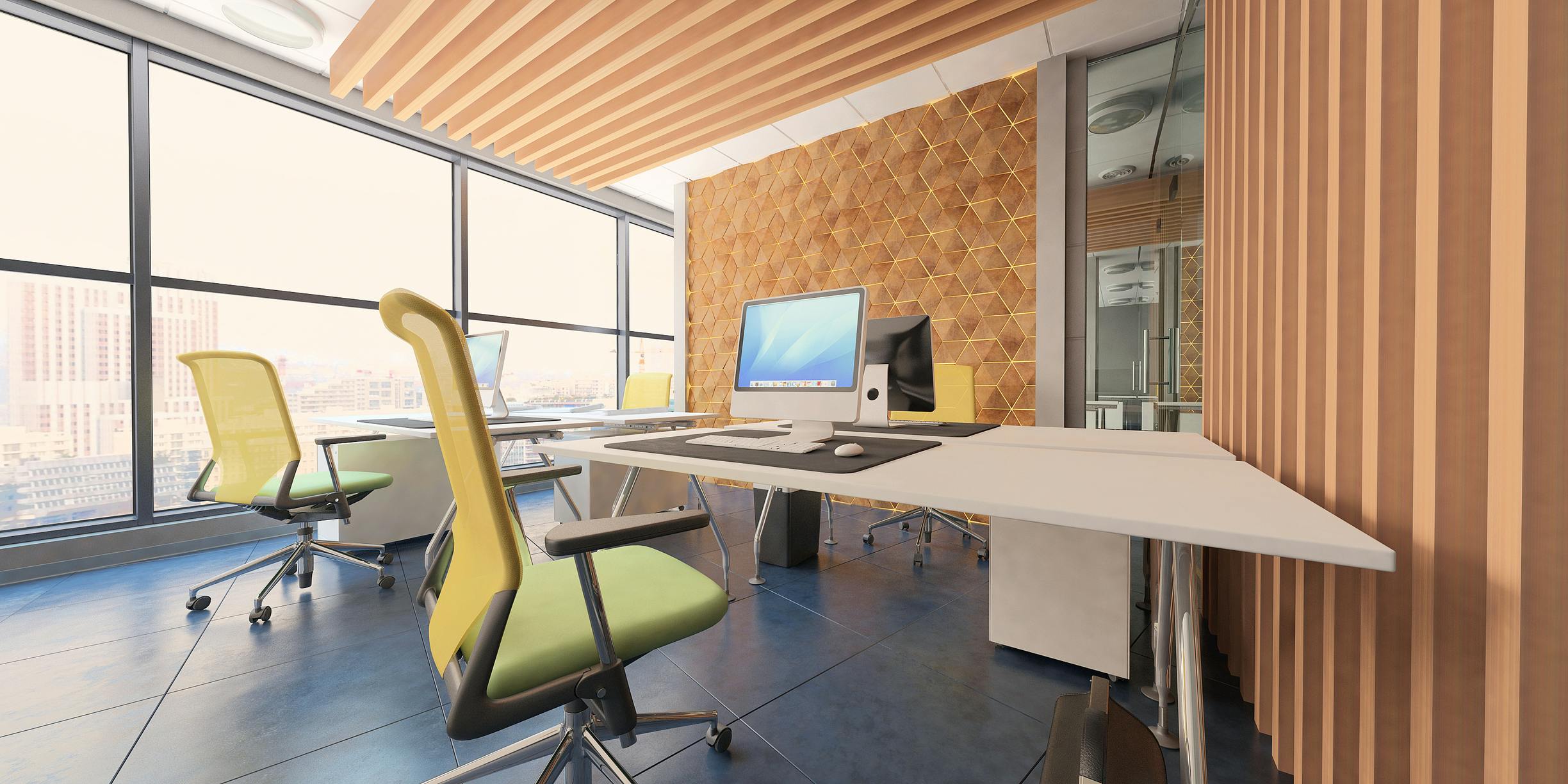 Modern office interior design rendering with natural light, wood surfaces, and neutral tones