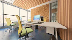 Modern office interior design rendering with natural light, wood surfaces, and neutral tones