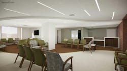 Waiting room of Urban Health 1095 with contrasting wood and offwhite flooring, green and grey guest seating, and white, curved ceiling. Waiting room of Urban Health 1095 with contrasting wood and offwhite flooring, green and grey guest seating, and white, curved ceiling.