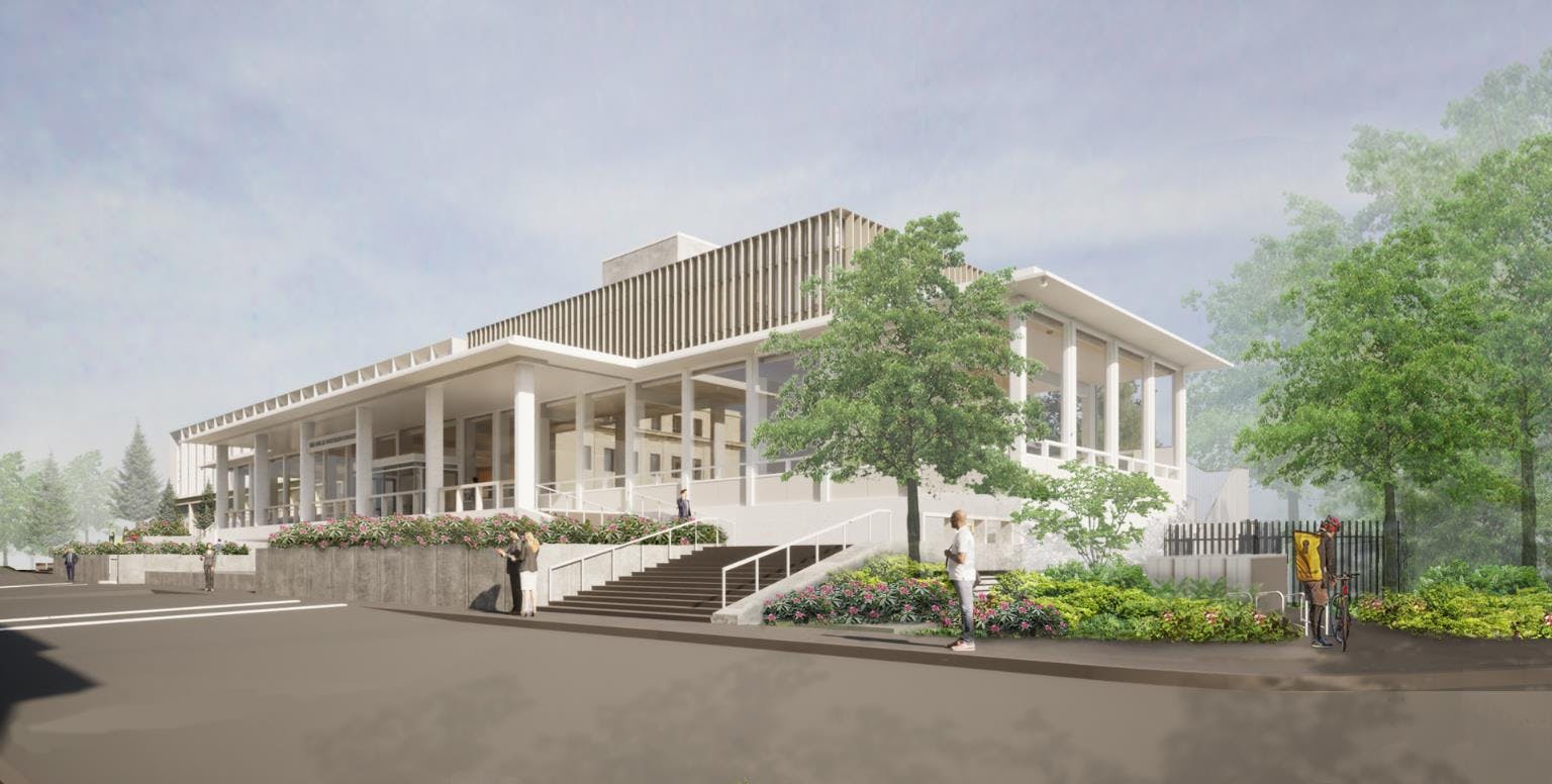 3D computer rendering of exterior of library building with trees and people at entrance.