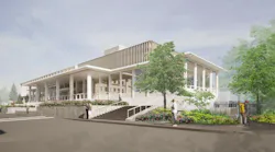 3D computer rendering of exterior of library building with trees and people at entrance.