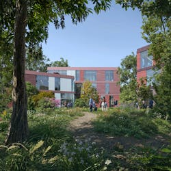 Modern building with red cladding surrounded by lush landscaping and people standing in courtyard area. Modern building with red cladding surrounded by lush landscaping and people standing in courtyard area.