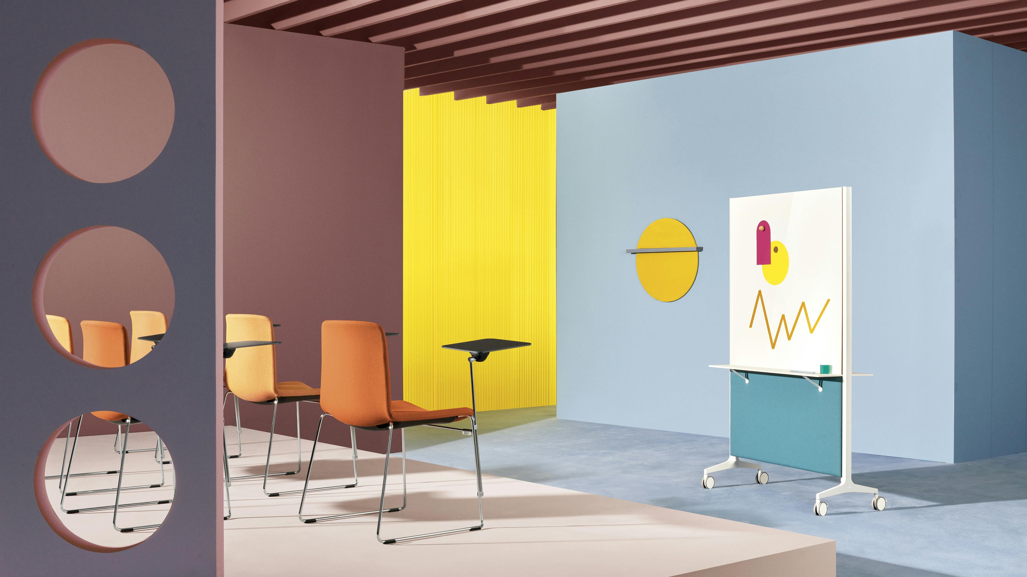 The Pedrali Ypsilon Connect partition panel can be customized with a whiteboard, shelves and hangers.