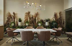 Conference Setting with Bird Cage Pendants and Planters in Nevins Showroom Conference Setting with Bird Cage Pendants and Planters in Nevins Showroom