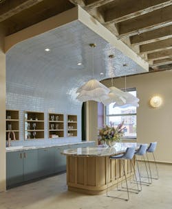 Kitchen Setting with Blue Tile Wall and Nevins Stools Kitchen Setting with Blue Tile Wall and Nevins Stools