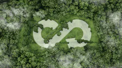 Aerial view of lush, green forest with computer generated infinity symbol with an arrow indicating circularity.