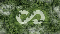 Aerial view of lush, green forest with computer generated infinity symbol with an arrow indicating circularity. Aerial view of lush, green forest with computer generated infinity symbol with an arrow indicating circularity.