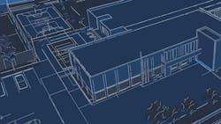 Blueprint-style illustration of a school building Blueprint-style illustration of a school building