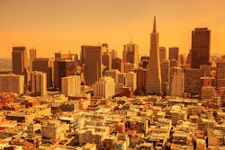 Smoke from San Francisco wildfires creates a dense haze - circa 2020 Smoke from San Francisco wildfires creates a dense haze - circa 2020