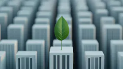 Computer rendered image of identical, white buildings with one in the center with a leaf on top.