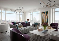 New York City’s iconic skyline provides a backdrop that unites the geometries of sinuous pendants, plush plum furnishings, and metallic and teal accent décor in an urban oasis. New York City’s iconic skyline provides a backdrop that unites the geometries of sinuous pendants, plush plum furnishings, and metallic and teal accent décor in an urban oasis.
