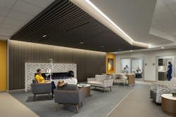 At a cancer treatment center, patients and their caregivers are made to feel at home in a multipurpose treatment lounge reminiscent of a comfortable living room, but with functional textiles, furnishings, and surfaces that can be maintained with hospital-standard cleaning methods. At a cancer treatment center, patients and their caregivers are made to feel at home in a multipurpose treatment lounge reminiscent of a comfortable living room, but with functional textiles, furnishings, and surfaces that can be maintained with hospital-standard cleaning methods.